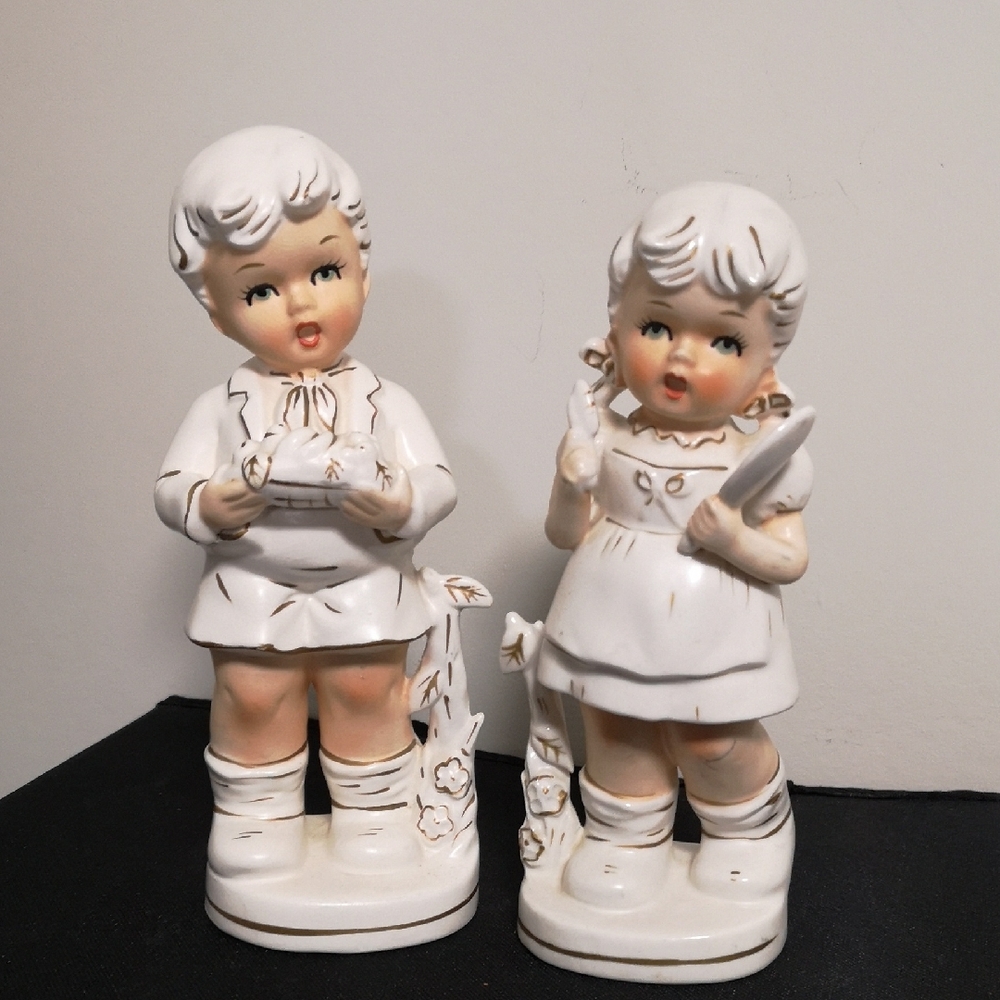 Charming Vintage Ceramic Boy & Girl Figurines By Napco w Original Labels Japan